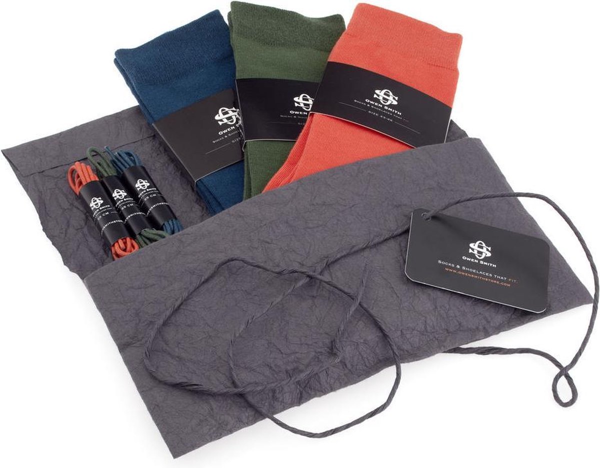 Owen Smith Style Kit - 3 paar Herensokken met Veters, blauw oranje groen, maat 39-42 veterlengte 75cm