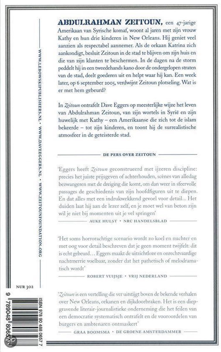 Boekomslag van 'Zeitoun' door Dave Eggers. De achterkant bevat tekst.