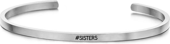 Key Moments 8KM-B00373 - Stalen open bangle met tekst - #sisters - zirkonia - one-size - zilverkleurig