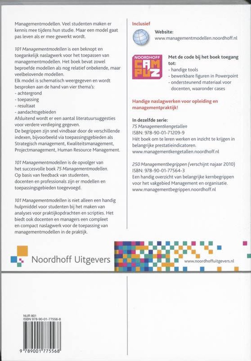 Achterkant van het boek '101 Managementmodellen', met tekst en een QR-code.
