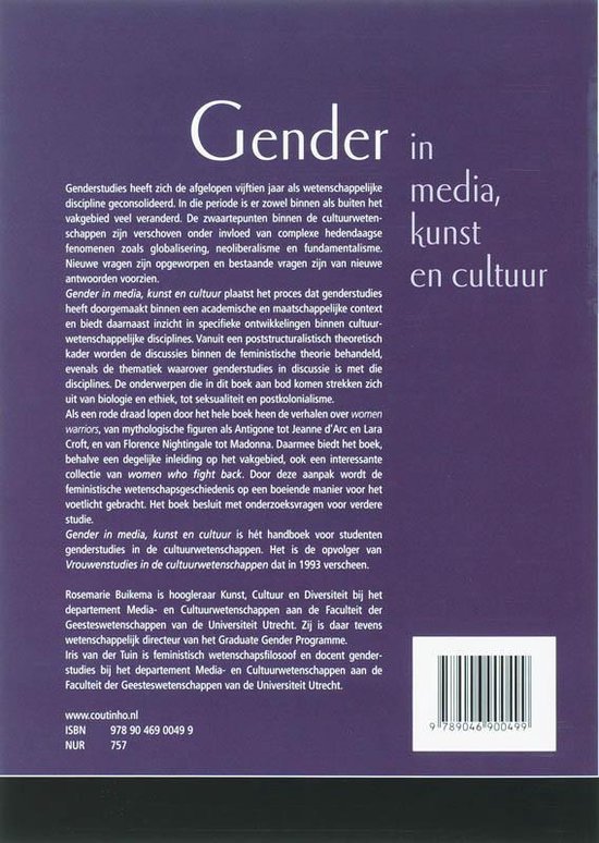 Boekomslag met tekst over genderstudies, media, kunst en cultuur. ISBN 9789046900499.