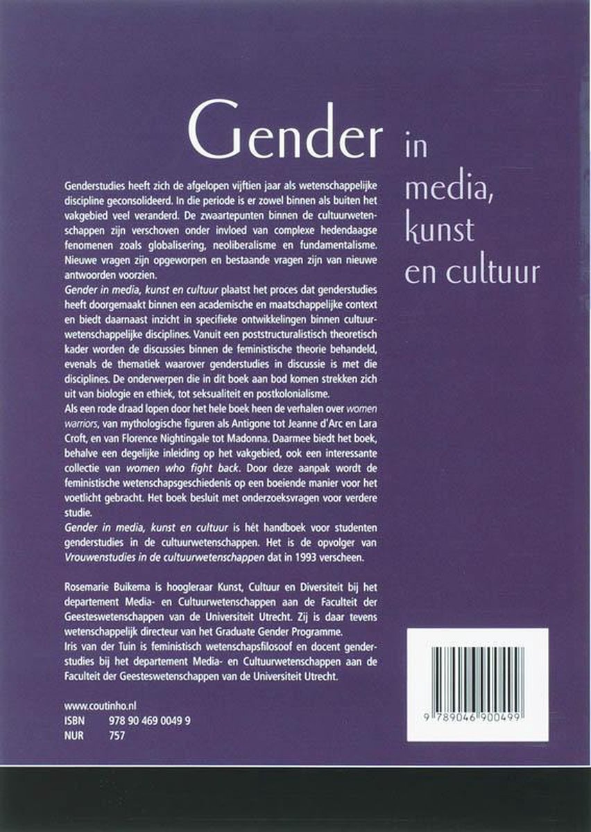 Boekomslag met tekst over genderstudies, media, kunst en cultuur. ISBN 9789046900499.