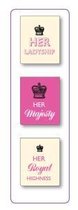 3 magnetische mini boekenleggers: her ladyship - her majesty - her royal highness