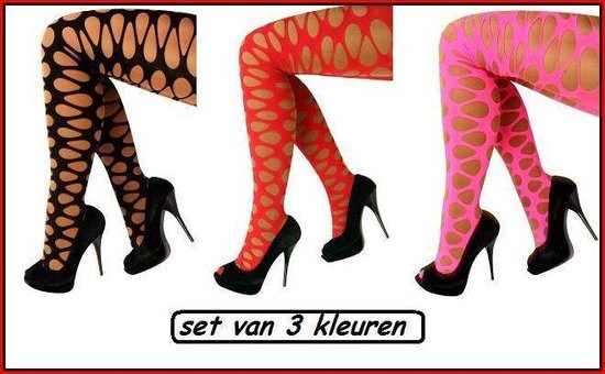 3x Panty grote gaten zwart / rood /pink - sexy verleidelijk trendy
