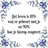 Tegeltje met Spreuk (Tegeltjeswijsheid): Het leven is 10% wat er gebeurt met je en 90% hoe je hierop reageert + Kado verpakking & Plakhanger