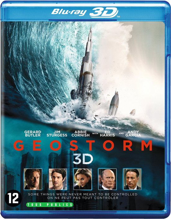 Blu-ray hoes van Geostorm 3D. Een wolkenkrabber staat in een woeste golf, met de filmtitel en cast op de voorkant.