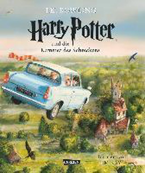 Vliegende blauwe Ford Anglia met Harry Potter, Ron Wemel en Ginny Wemel, boven een kasteel en heuvels. Titel: Harry Potter und die Kammer des Schreckens.
