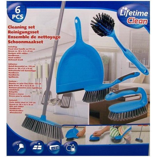 Schoonmaakset 5-delig blauw - bezem - handborstel - borstel - schrobber - handschrobber - stoffer en blik - afwasborstel van Schoon — afbeelding 3