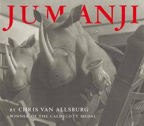 Titelpagina Jumanji, door Chris Van Allsburg. Twee neushoorns op de voorgrond, met de tekst "JUMANJI" in rode letters.