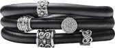 Quiges - Leren Wikkelarmband Zwart 66cm met Aanschuif Bedels Zilverkleurig - RVS Magneetsluiting - ELBS099