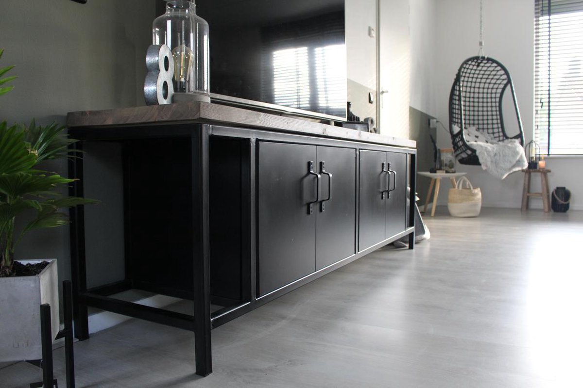 Industriële kast / TV meubel "Seattle" - Hout en Staal - 200x40x60 cm - Handgemaakt
