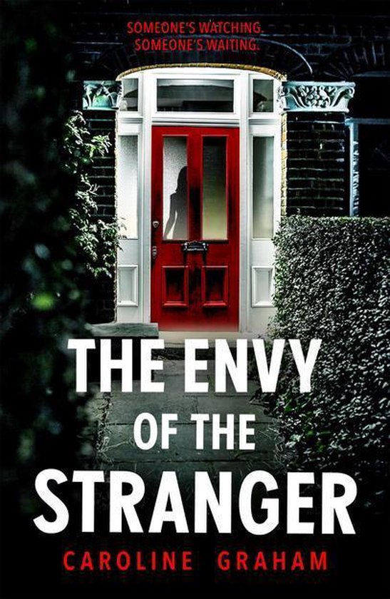 Boekomslag van 'The Envy of the Stranger' met een rode deur en de schaduw van een vrouw.