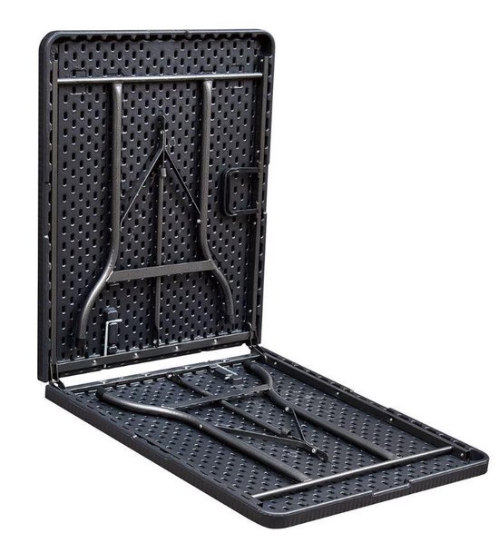 Gedeeltelijk opengeklapte zwarte tafel, onderstel met metalen poten zichtbaar.