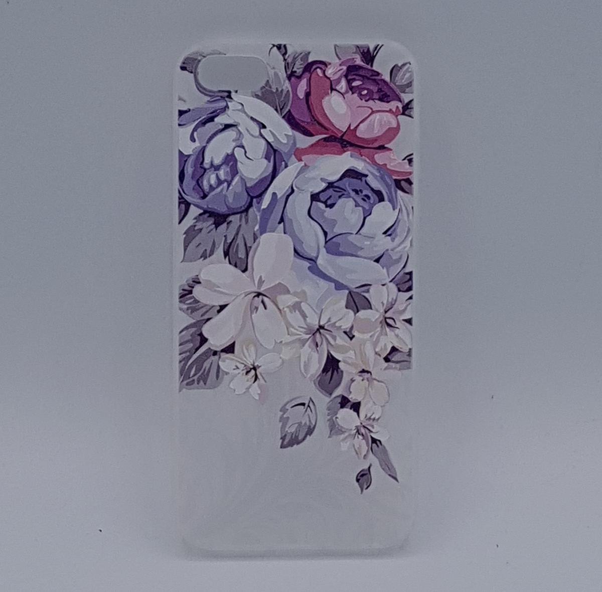 Geschikt voor iPhone 5, 5s, SE – hoes, cover – TPU – Pioen – roze – blauw en wit