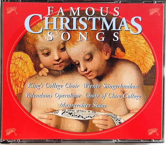 CD-hoes met de titel "Famous Christmas Songs" en een schilderij van twee engeltjes die naar muziek kijken.