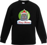 Kersttrui Merry Christmas grijze kat / poes kerstbal zwart jongens en meisjes - Kerstruien kind 7-8 jaar (122/128)
