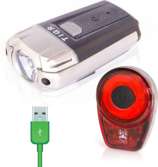 TIGR Ultraheldere LED Fietsverlichtingsset - USB Oplaadbaar - 300 Lumen - Inclusief Siliconenhouders - 2020 Model Met Lage-Batterij Indicator - TIGR