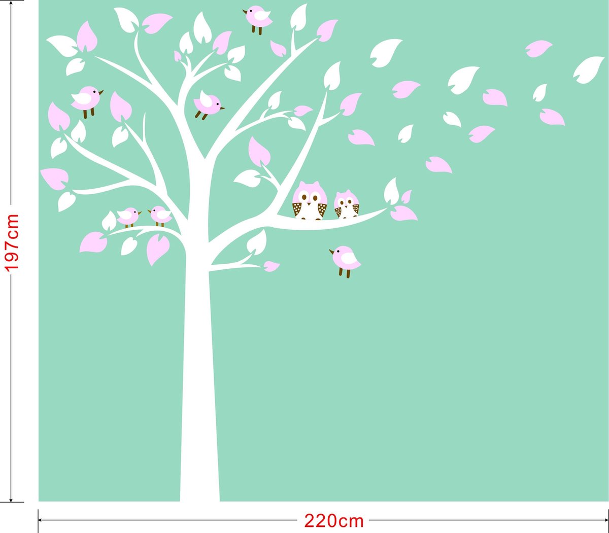 Sticker mural Arbre blanc avec hiboux et oiseaux rose XXL | bol