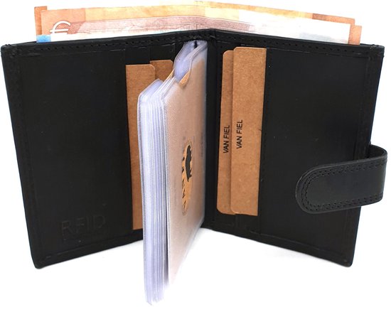 RFID Pasjeshouder met geld en munten ruimte - lederen portemonnee - Zwart  Van Fiel