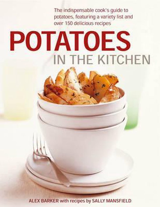 Boek 'Potatoes in the Kitchen' met gestapelde witte kommen met aardappelpartjes en een vork.