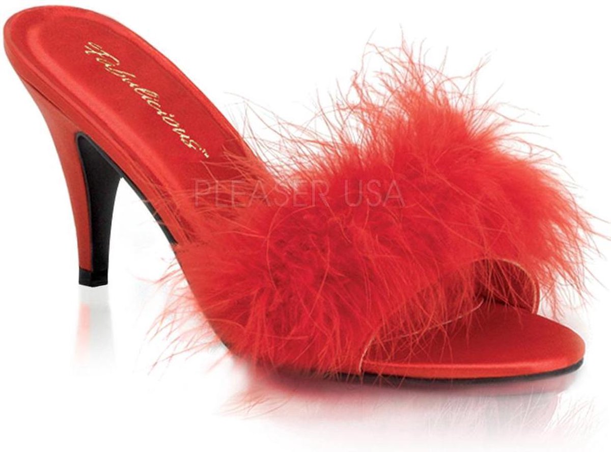 Amour-03 klassieke marabou slipper met hak rood - (EU 37 = US 7) - Fabulicious