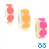 Fluoriserende Stickers (Etiketten) - Set van 3 rollen (1000 stuks per rol) - Rood, Oranje, Pink - Ø35 mm