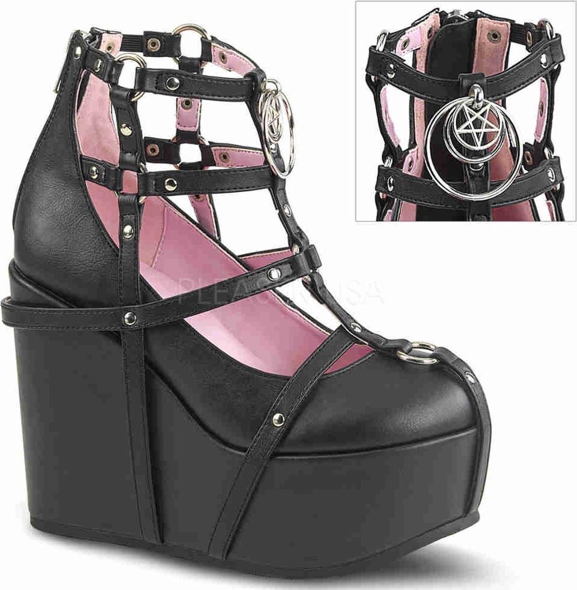 Poison-25-1 nep leren plateau sandaal enkellaars met sleehak, bandjes en metalen pentagram detail zwart - (EU 42,5 = US 12) - Demonia