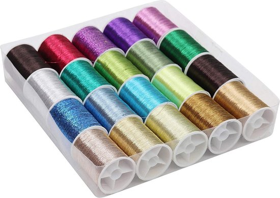 Kurtzy 20 Stuks Metallic Polyester Borduurgaren - 40 m Geassorteerde Kleuren Glittergaren met Spoel - Strengen Voor Naaimachine, Vriendschapsarmbanden, Kruissteek en Doe-het-zelf Kunst & Knutselen