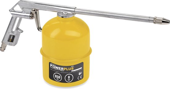 Zilverkleurig reinigingspistool met geel reservoir van 850cc.