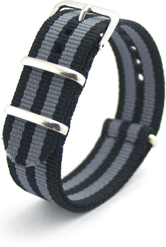 Premium James Bond - Nato strap 20mm - Stripe - Horlogeband Zwart Grijs