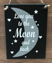 Zinken tekstbord love you to the moon and back - antraciet  - 15x20 cm.