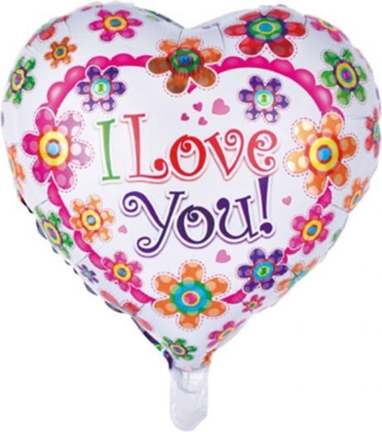 Folie ballon hart vorm 46 cm groot met tekst I love you met bloemen
