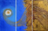 Schilderij goud blauw abstract 3 luik 120 x 60 Handgeschilderd - Artello - handgeschilderd schilderij met signatuur - schilderijen woonkamer - wanddecoratie - 700+ collectie Artell