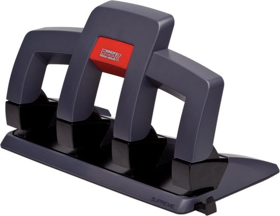 Grijze drievoudige perforator met rode Rapid markering, voor 30 vel.