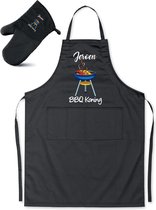 Mijncadeautje - Luxe Barbecue schort - BBQ koning - met voornaam - zwart - gratis BBQ- handschoen