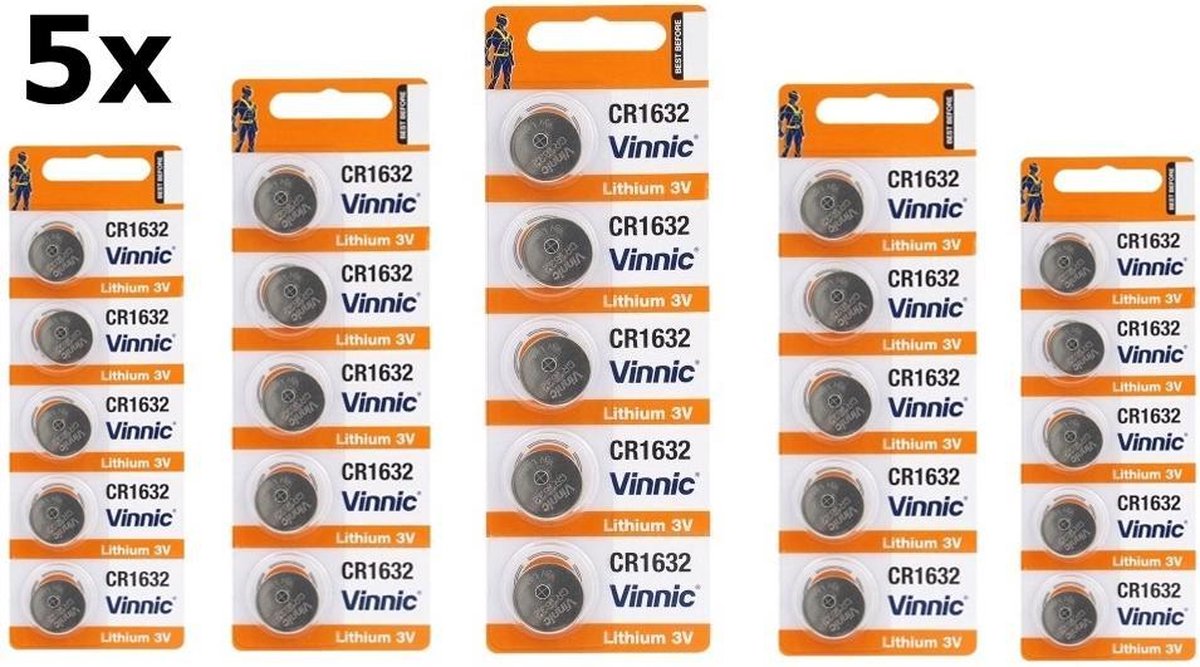 25 Stuks (5 Blister a 5st) Vinnic CR1632 125mAh 3V Lithium Knoopcel Batterij