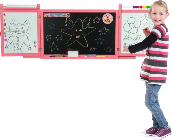 Roze uitklapbaar hangend tekenbord met whiteboard en krijtbord met telraam  | bol
