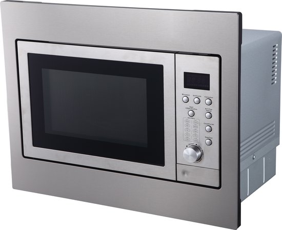 Inbouwmagnetron in zilverkleur, schuin van voren gezien, met digitaal display en bedieningsknoppen.