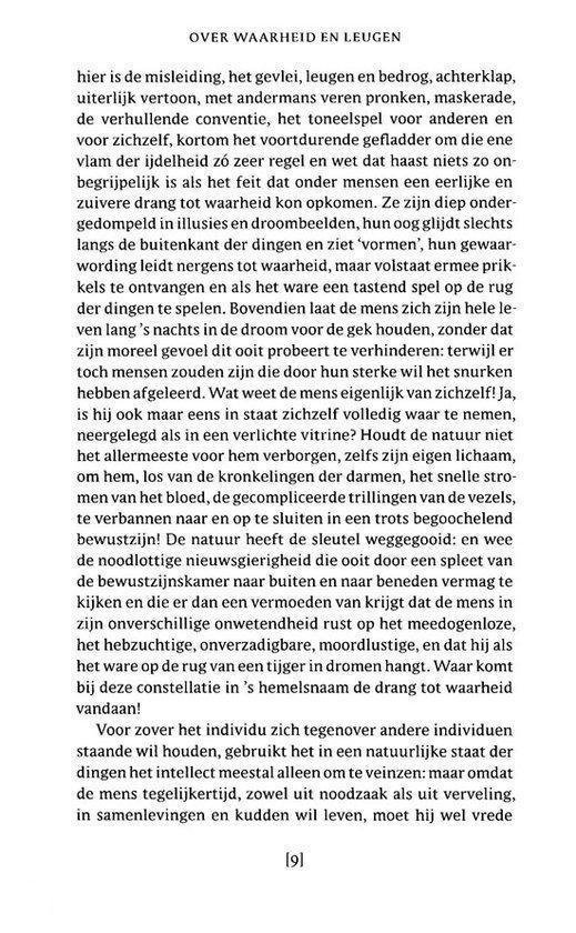 Pagina uit een boek met Nederlandse tekst, 'Over waarheid en leugen'.