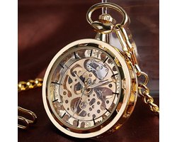 ManChDa Pocket Watch - Pocket Watch with Chain Mechanical Pocket Watch for Men Double Cover Steampunk Skeleton Antique Roman Numerals Fob Watch Wind Up Watches, Silver, Vintage