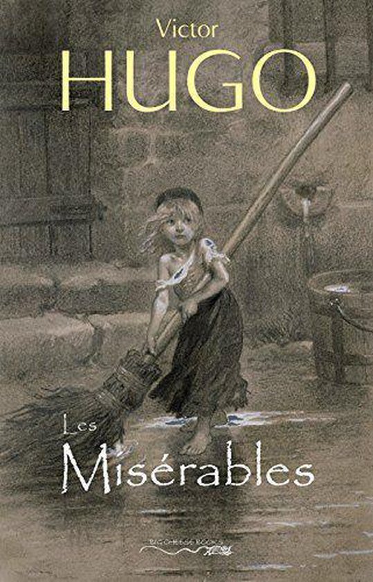 Boek 'Les Misérables' van Victor Hugo met illustratie van een jong meisje dat veegt