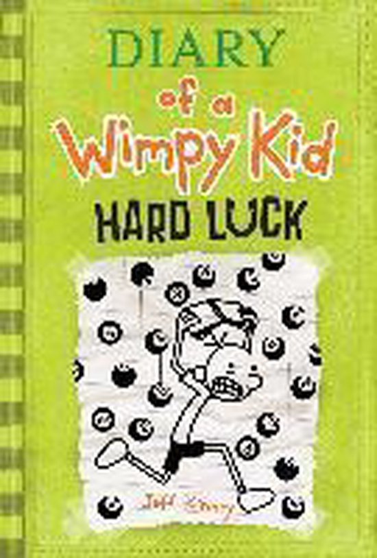 Couverture du livre 'Diary of a Wimpy Kid Hard Luck' sur fond vert, avec un garçon dessiné s'enfuyant devant des boules de billard.