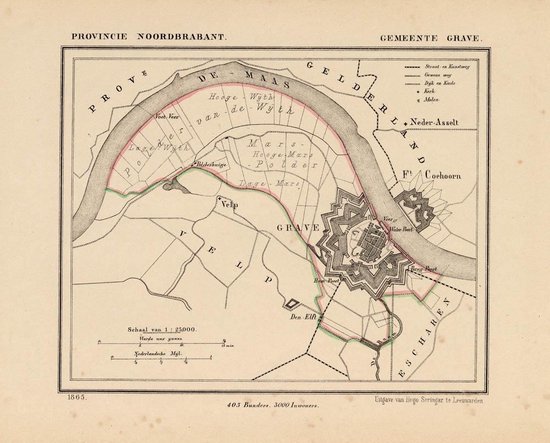 Historische kaart, plattegrond van gemeente Grave in Noord Brabant uit 1867 door Kuyper van Kaartcadeau.com