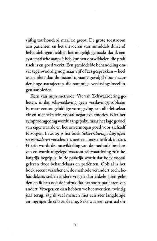 Pagina 9 met tekst over de methode van de auteur en de behandeling van seksverslaving.