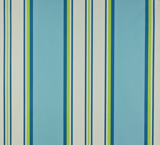 Behang met verticale banen in lichtblauw, blauw, groen en wit.