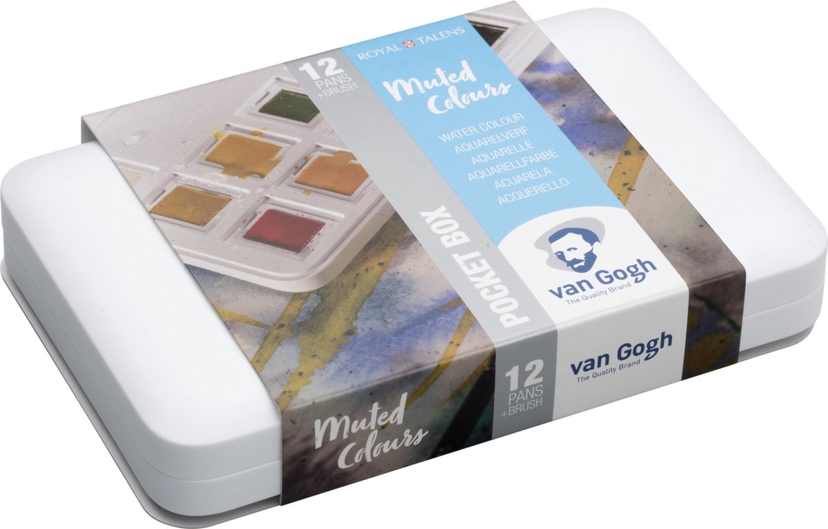 Van Gogh aquarelverf pocketbox 12 napjes met penseel - gedempte kleuren - Van Gogh
