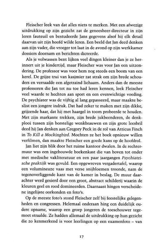 Pagina uit een boek met tekst en een potloodschets van een bureau.