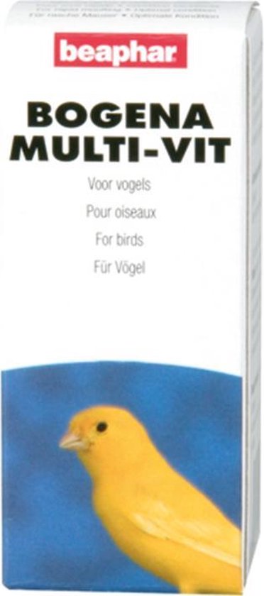 Beaphar Multi-Vit voor vogels doos met een gele kanarie op een blauwe achtergrond.