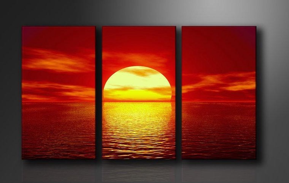 Canvas Schilderijen (Wanddecoratie woonkamer / slaapkamer) - Schilderij Ondergaande Zon - Drieluik 160 x 90 cm