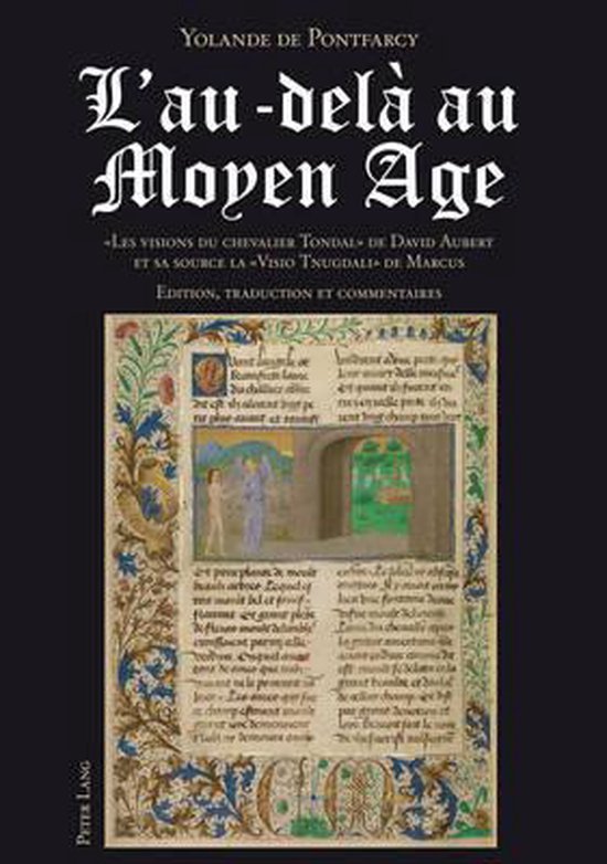 Boek 'L'au-delà au Moyen Age' van Yolande de Pontfarcy. Voorpagina met middeleeuwse illustratie en Latijnse tekst.